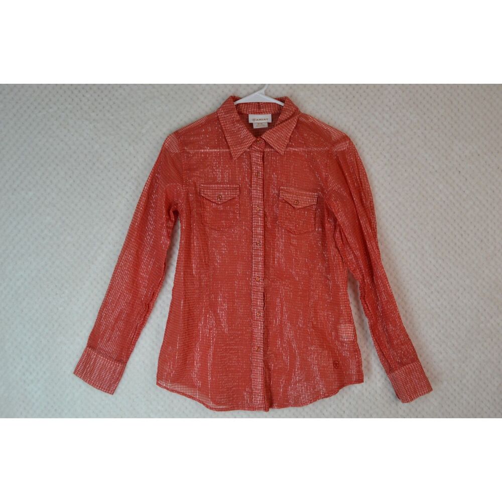 Ariat Women's Medium Red Gold Plaid Sheer Snap Button Down Long Sleeve Shirt